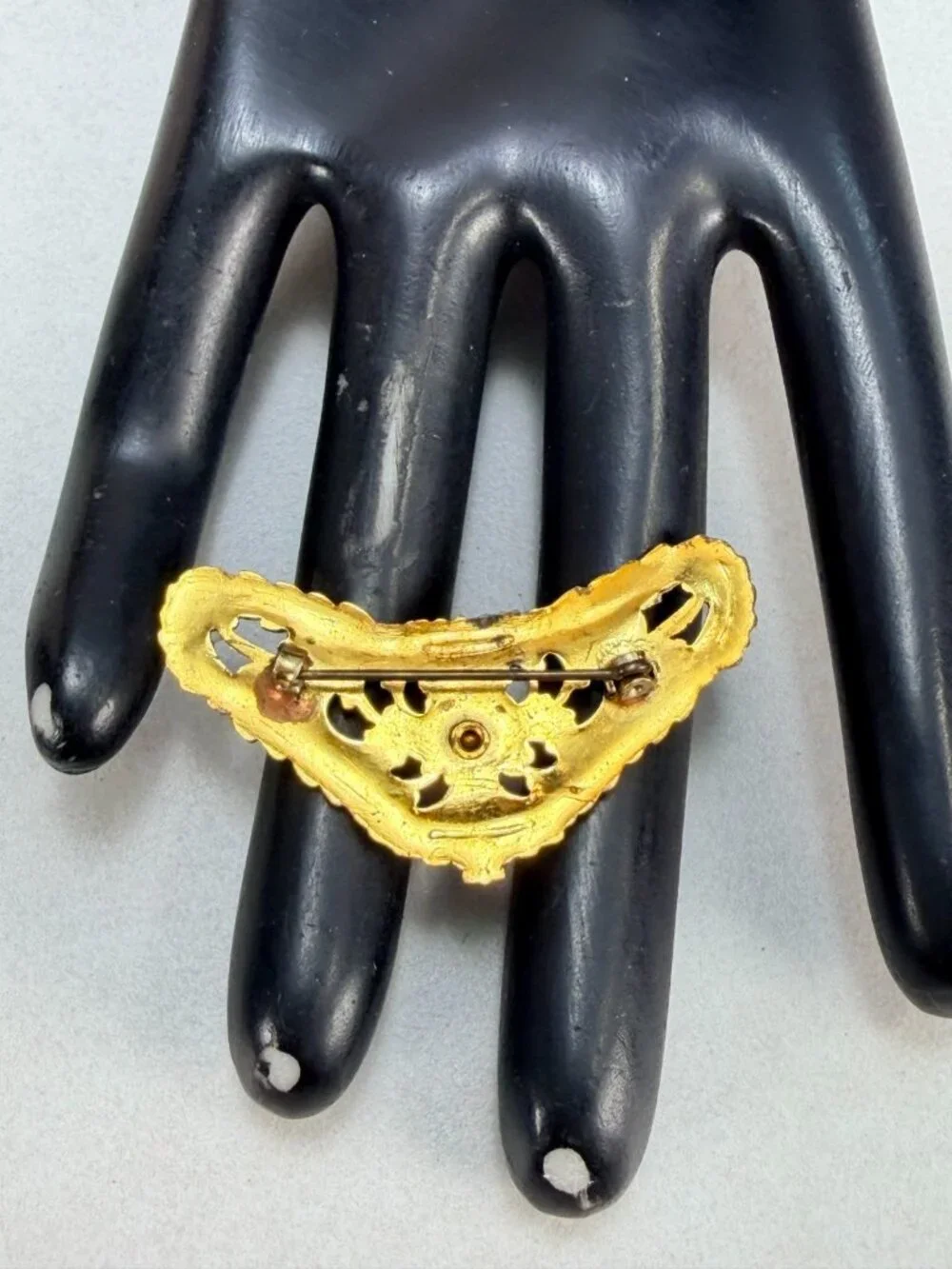 Vintage Gold Tone Filigree Multicolor Rhinestone Brooch Victorian Revival Pin